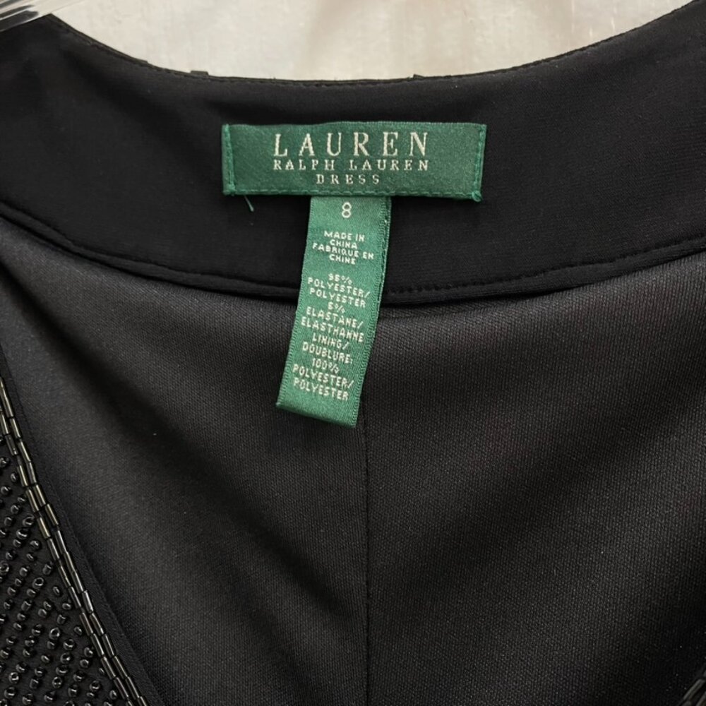 Lauren Ralph Lauren Black Beaded V Neck Pleated A Line Sleeveless Lined Dress 8 - Picture 13 of 14